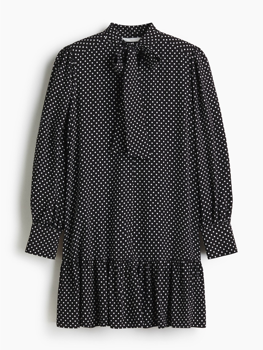 H&M Black and White Polka Dot Long-Sleeve Tie-Neck Mini Dress